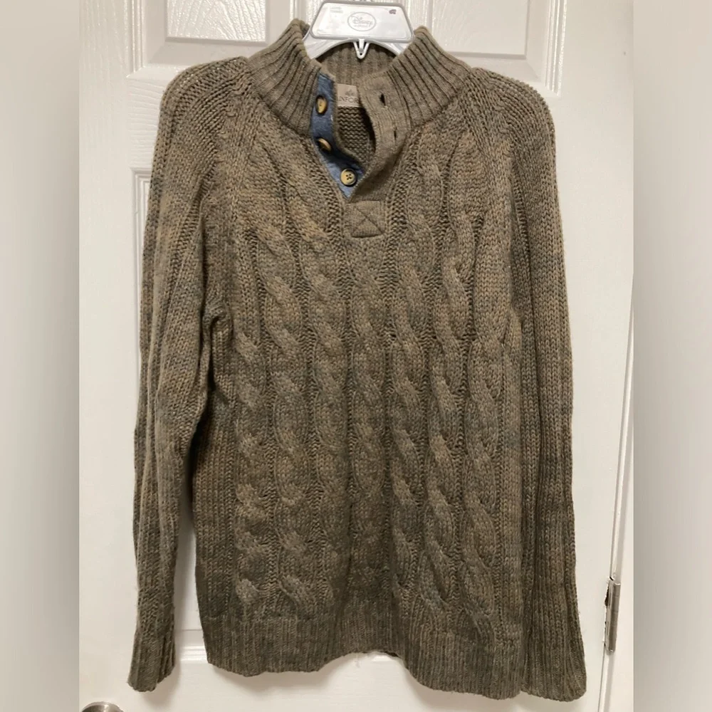*Rainforest Khaki Green Mock Neck Cable Knit Wool Blend Small Henley Sweater #PW